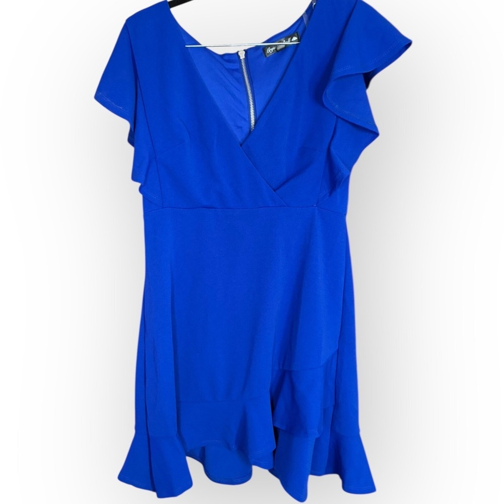 Blue V Neck Flutter Sleeve Fit Flare Mini Dress Back Zip Cocktail M Crystal Doll - Picture 2 of 6